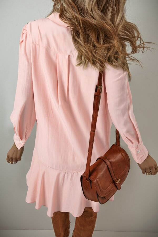 Delicacy Solid Color Flounce Hem Buttoned Turn Down Collar Dress - Image 2