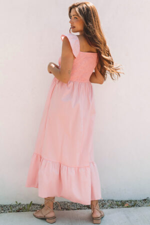 Black V Neck Flutter Sleeve Smocked Bodice High Waist Ruffle Maxi Dress