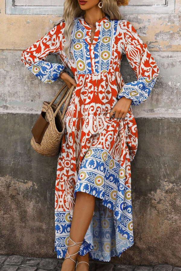 Orange Boho Geometric Printed Long Sleeve Maxi Dress - Image 3
