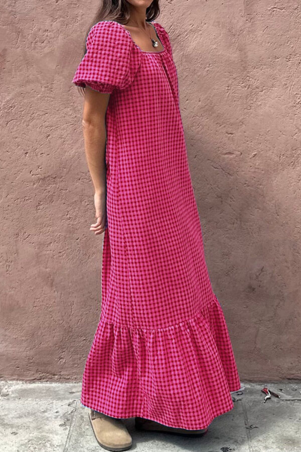 Rose Ginham Check Bubble Sleeve Ruffled Maxi Dress - Image 3