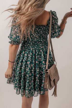 Green Smocked Square Neck Puff Short Sleeve Floral Dress