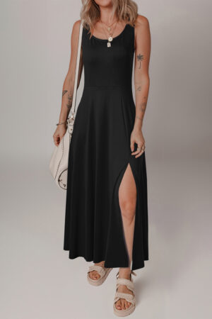 Four Leaf Clover Sleeveless Scoop Neck Flared Split Midi Dress
