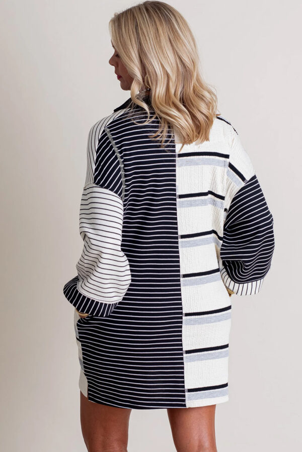 Black Stripe Colorblock Knit Henley Collar Shift Long Sleeve Mini Dress - Image 2