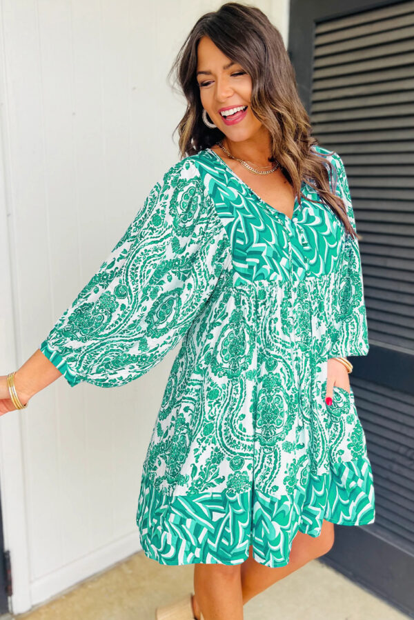 Orange Bohemian Print Puff Sleeve Tied V Neck Flared Mini Dress - Image 12