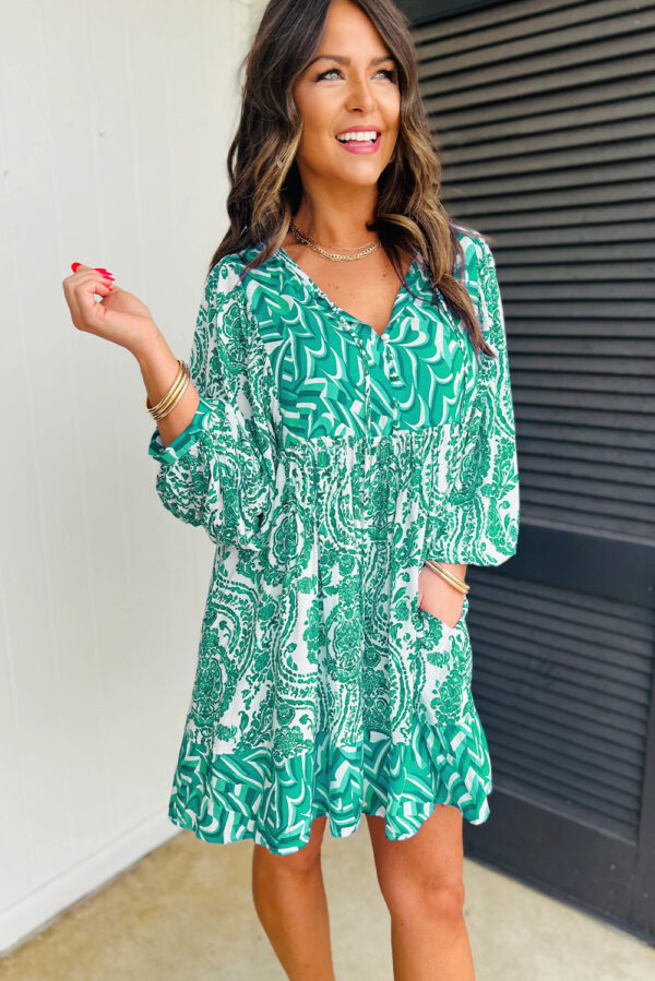 Orange Bohemian Print Puff Sleeve Tied V Neck Flared Mini Dress - Image 11