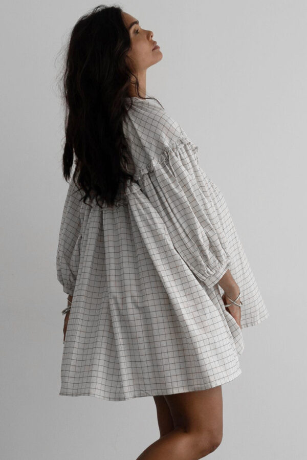 White Stripe Checkered Frilled V Neck Bracelet Sleeve Babydoll Dress - Image 2