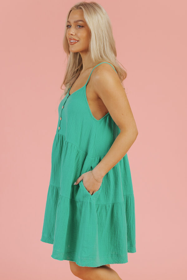 Sea Green Textured Buttoned Thin Strap Tiered Loose Fit Mini Dress - Image 3