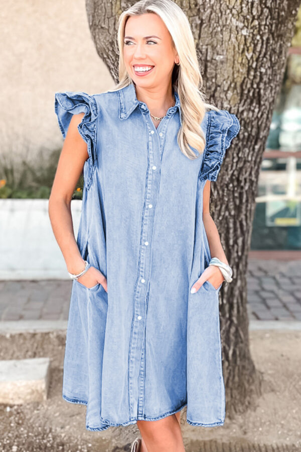 Beau Blue Double Ruffled Sleeves Buttoned A-line Collared Mini Denim Dress - Image 3