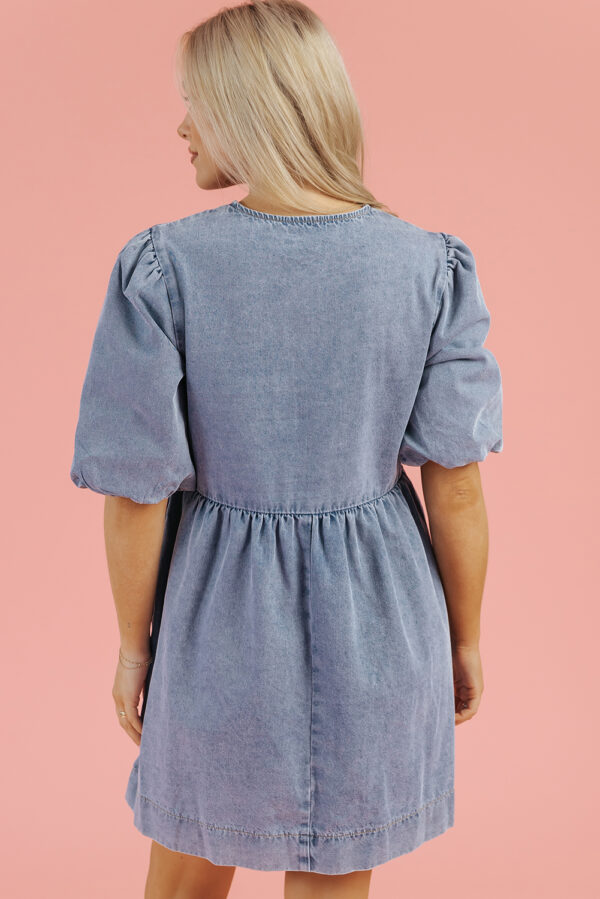 Dusk Blue Bowknot Bubble Sleeve Short Denim Dress - Image 3