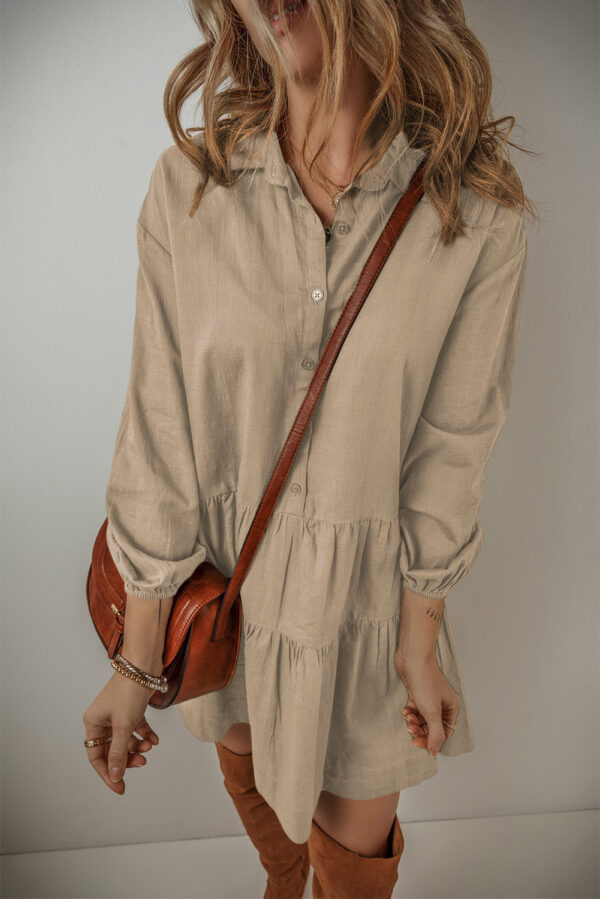 Tan Puff Sleeve Buttoned Tiered Pleated Shirt Mini Dress - Image 3