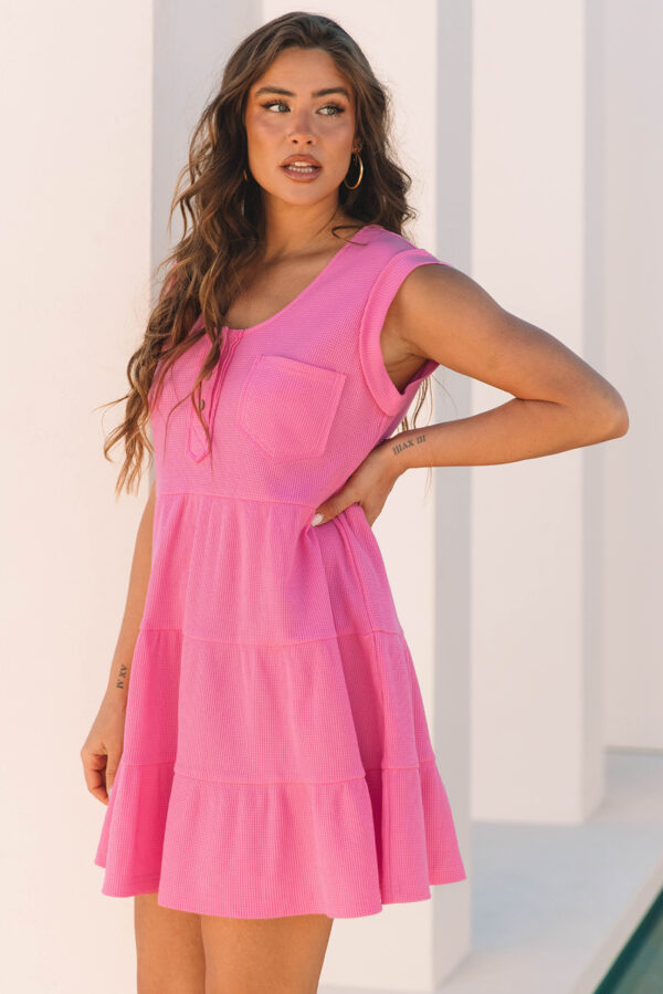 Bright Pink Waffle Textured Button Round Neck A-line Tiered Sleeveless Dress - Image 3