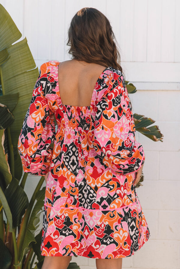 Pink Bohemian Square Neck Puff Sleeve Mini Dress - Image 2