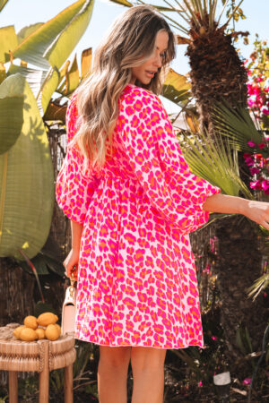 Black Leopard Print Elasticated V Neck 3/4 Puff Sleeve Dress