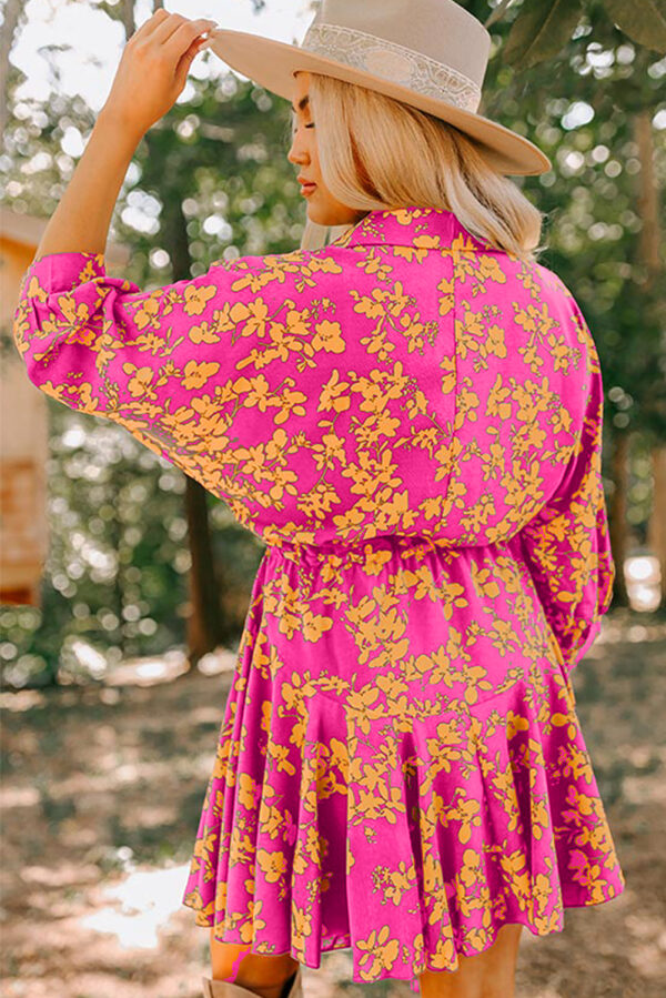 Green Floral Print Drawstring Tunic Flowy Short Dress - Image 5