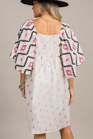 Beige Western Aztec Print Pleated Square Neck Loose Mini Dress