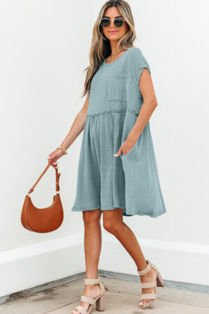 Dusty Pink Corded Knit Textured Patched Pocket Frilled Swing Mini Dress with Pockets