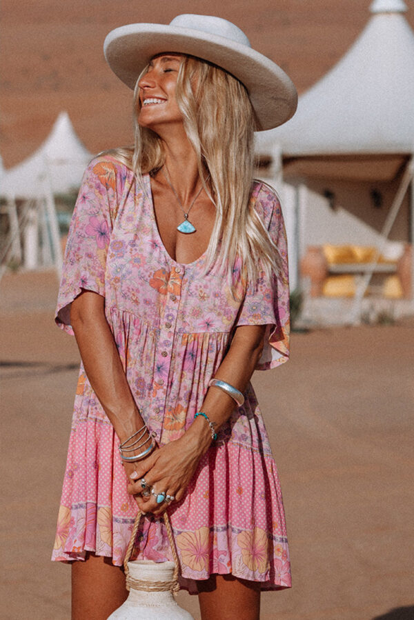 Multicolor Hibiscus Floral Print Ruffle Mini Dress - Image 2
