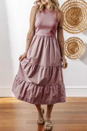 Myosotis Ribbed Vest Patchwork Tiered Midi Dress with Pockets