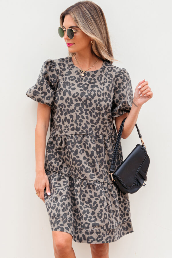Brown Denim Leopard Printed Short Puff Sleeve Mini Dress - Image 3