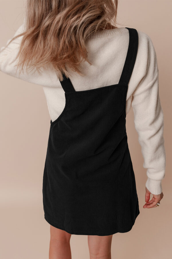 Black Solid Front Pockets Sleeveless Corduroy Overall Dress - Image 2