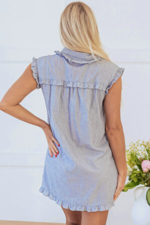 Green Stripe Frilled Sleeveless Collar Front Pocket Button Up Mini Dress