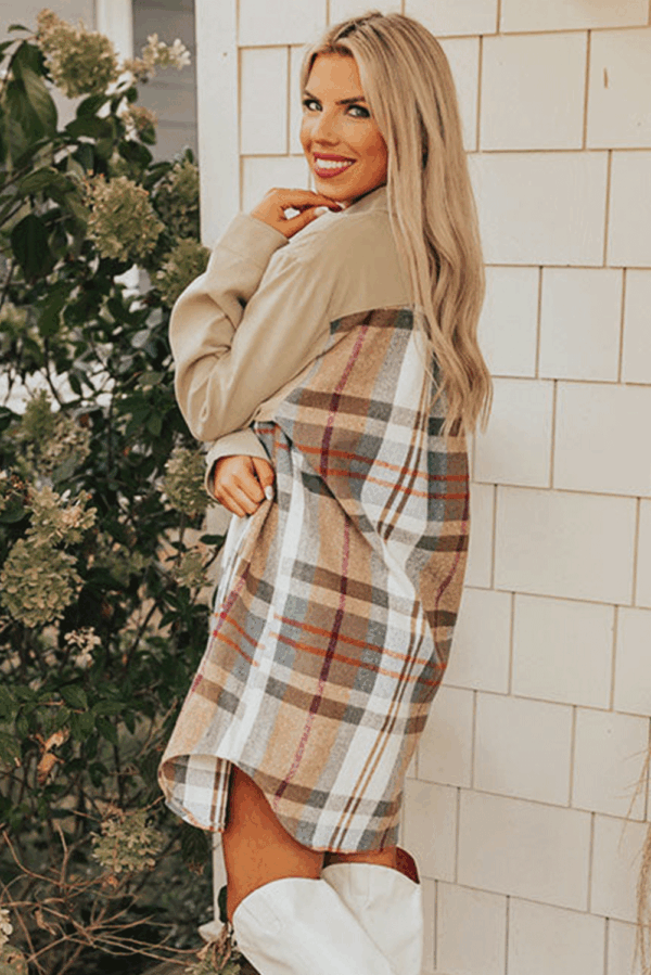 Khaki Plaid Patchwork Long Sleeve Shirt Mini Dress - Image 6