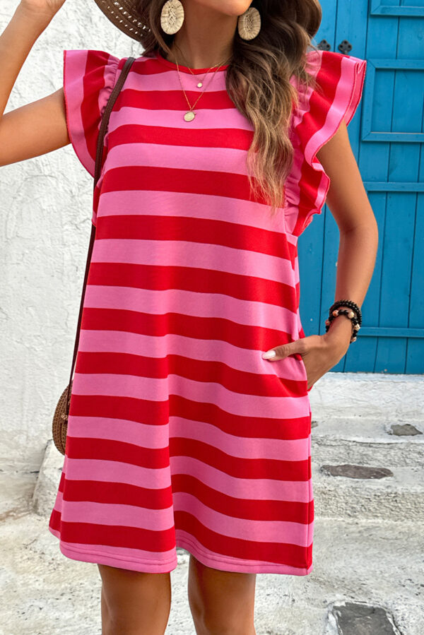 Black Stripe Flutter Sleeve Round Neck Shift Dress - Image 6