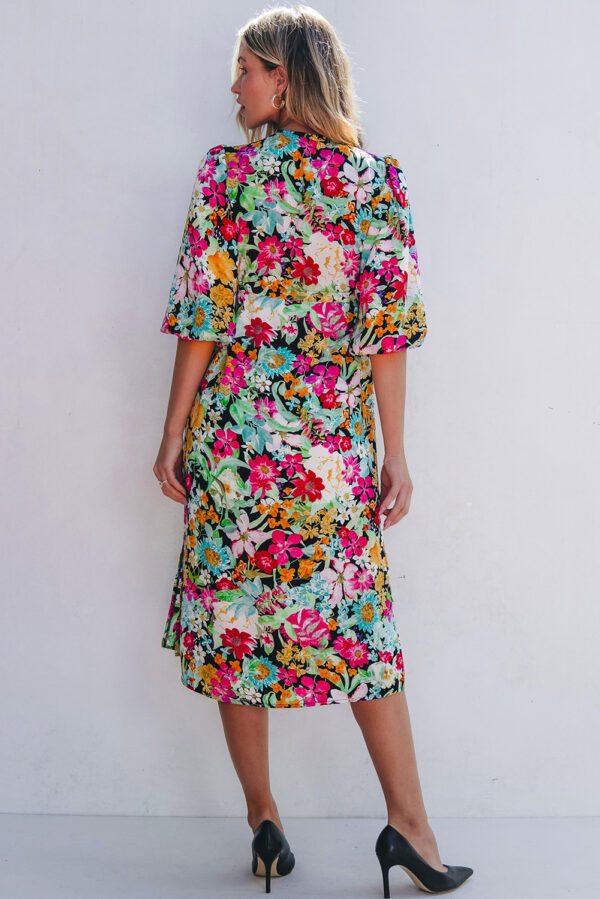 Green Floral Puff Sleeve V Neck Tassel Drawstring Dress - Image 2