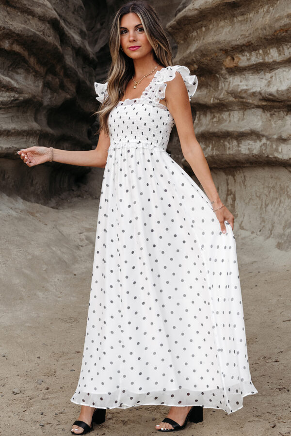 White Polka Dot Flutter Sleeve Square Neck Smocked Maxi Dress - Image 3