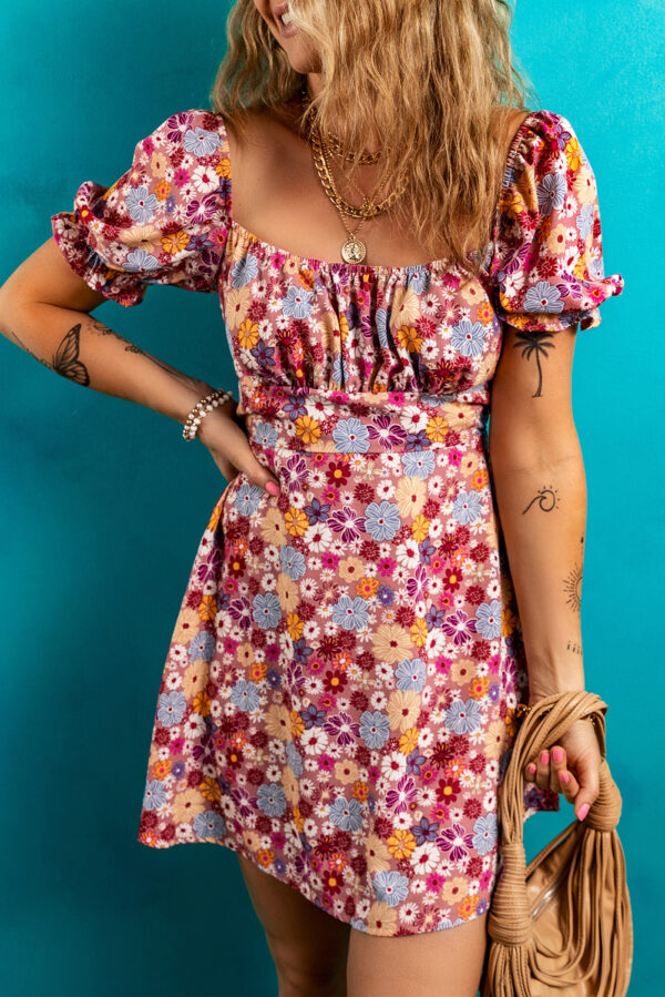 Red Floral Puff Sleeve Square Neck Knot Open Back Mini Dress - Image 3