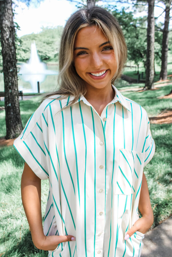 Mint Green St Patricks Striped Wide Short Sleeve Shift Mini Shirt Dress - Image 3
