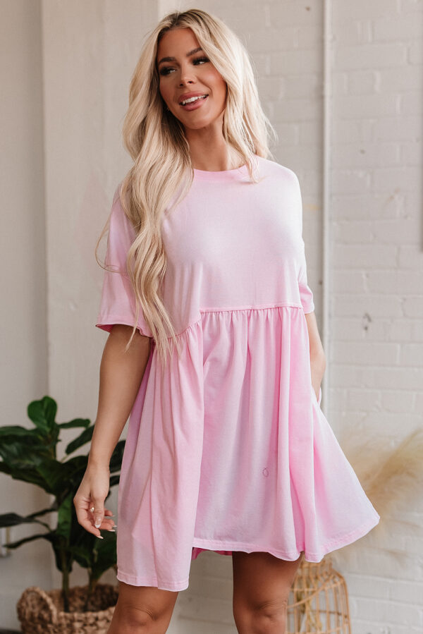 Sky Blue Solid Color Pocketed Raw Edge Babydoll Dress - Image 4