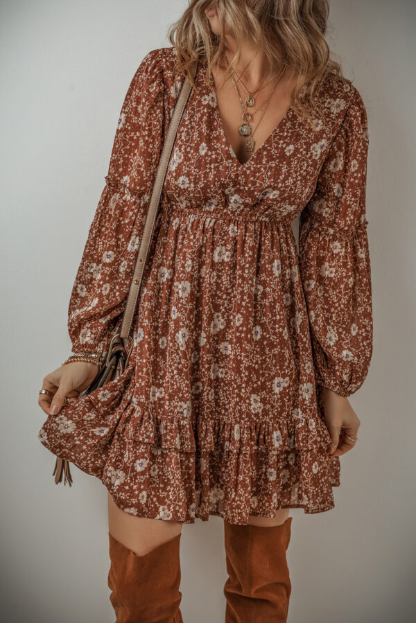 Brown Boho Floral Ruffled Puff Sleeve V Neck Mini Dress - Image 3