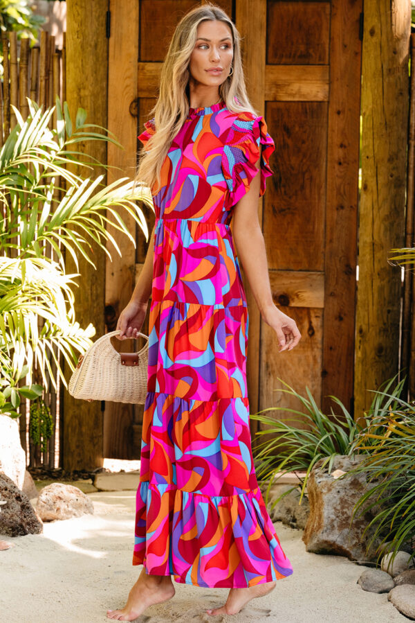 Orange Abstract Printed High Waist Ruffle Tiered Long Dress - Image 3