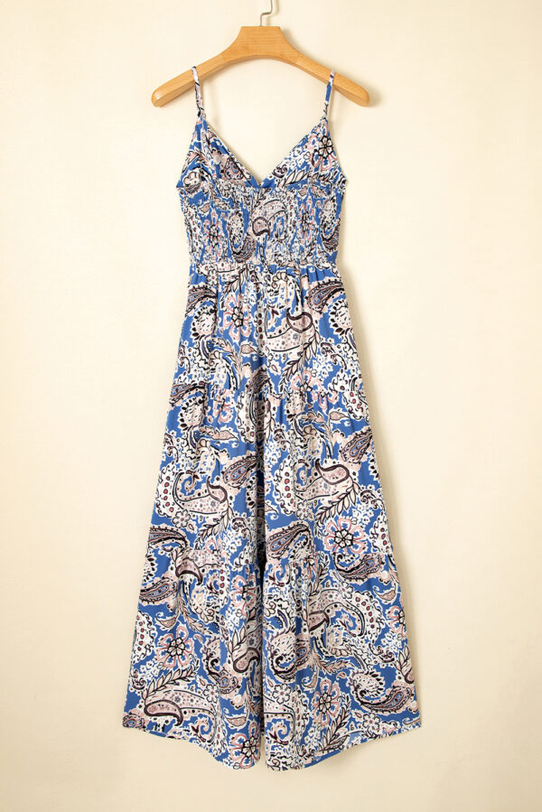 Blue Paisley Print Twist Detail Smocked Back Spaghetti Straps Long Dress - Image 3