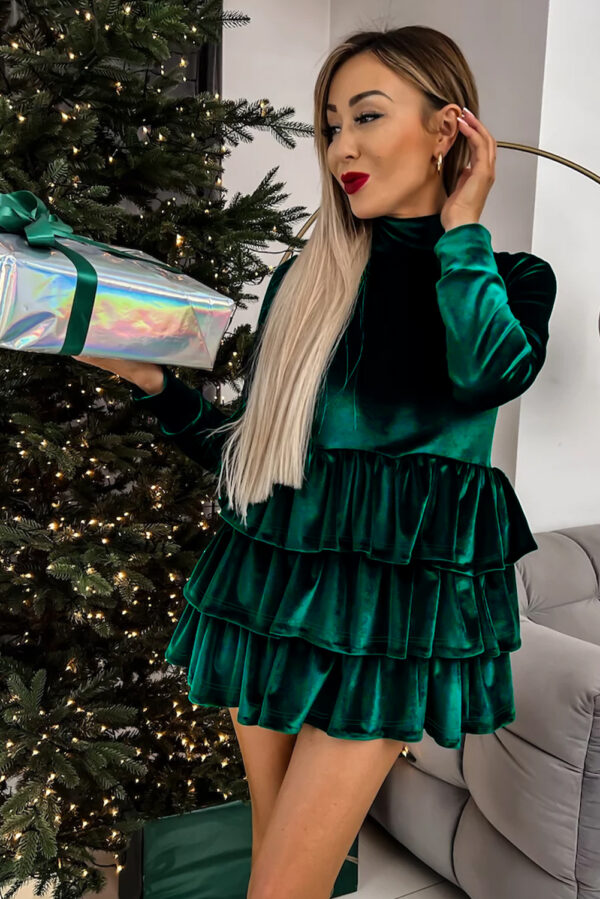 Evergreen Velvet High Neck Tiered Ruffle Mini Dress - Image 3