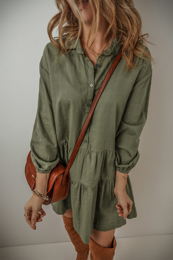 Tan Puff Sleeve Buttoned Tiered Pleated Shirt Mini Dress - Image 6