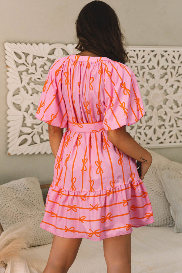 Pink Bowknot Striped Printed Bubble Sleeve Buttoned Belted Mini Dress - Image 2
