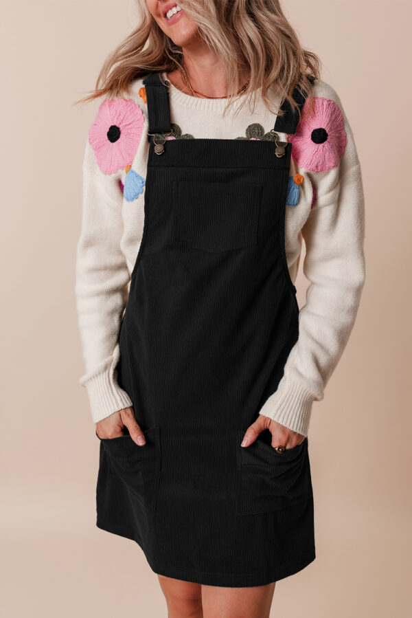 Black Solid Front Pockets Sleeveless Corduroy Overall Dress - Image 3
