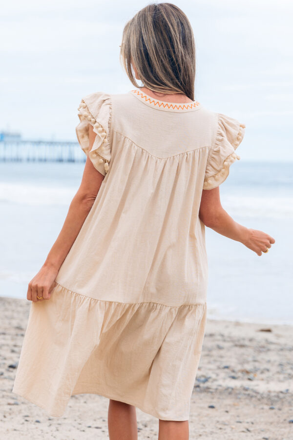 Jet Stream Linen Embroidery Split Neck Pom Pom Ruffle Sleeves Flowy Short Dress - Image 2