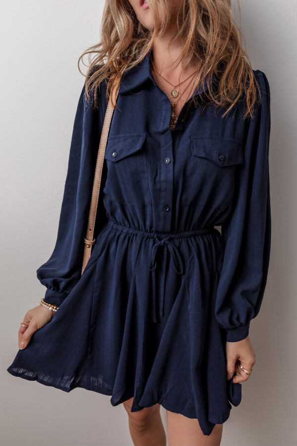 Navy Blue Solid Chest Pockets Tunic Shirt Mini Dress - Image 3