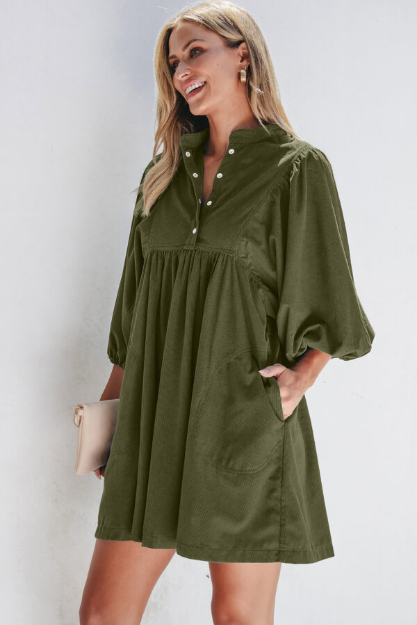 Vineyard Green Corduroy Snap Buttons Empire Waist Bracelet Sleeve Dress - Image 3