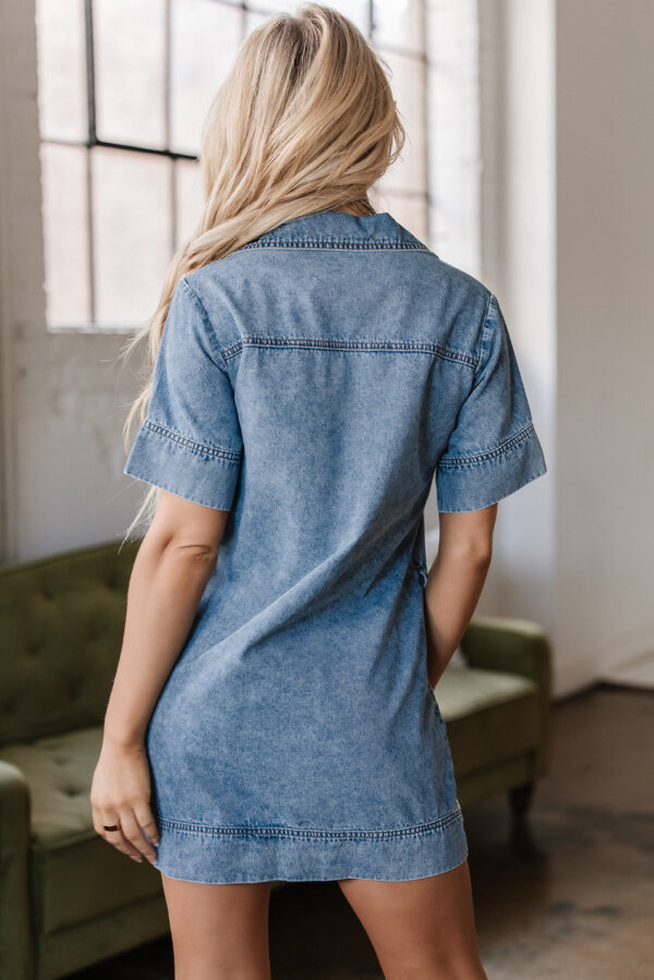 Beau Blue Short Sleeve Collared Patched Pocket Denim Mini Dress - Image 2