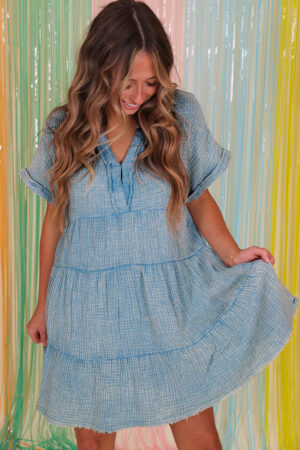 Strawberry Pink Mineral Wash Crinkle Split Neck Raw Hem Tiered Dress