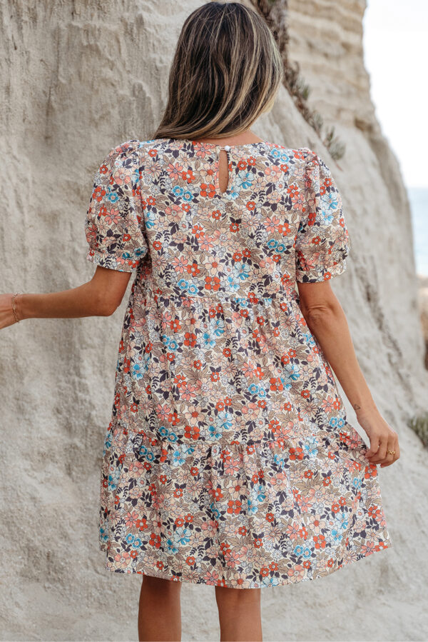 Apricot Bohemian Floral Print Short Puff Sleeve Mini Dress - Image 2