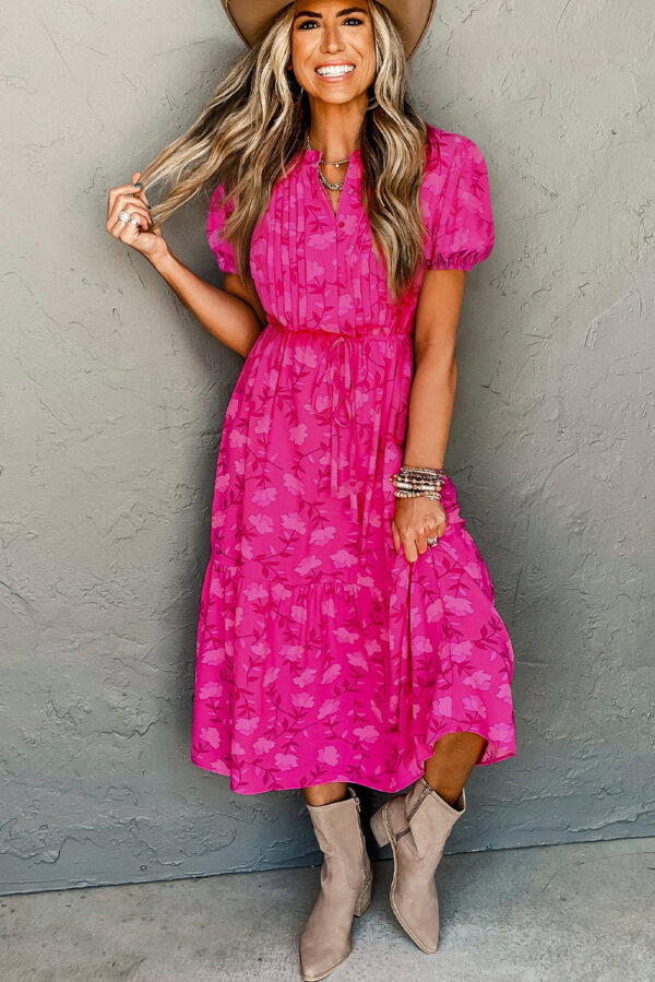 Rose Red Floral Print Pleated Drawstring Flowy Midi Dress - Image 3
