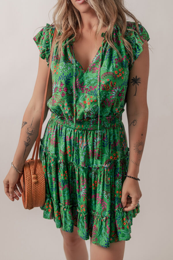 Green Floral Tie Split Neck Frilly Ruffle Trim Tiered Short Dress - Image 2