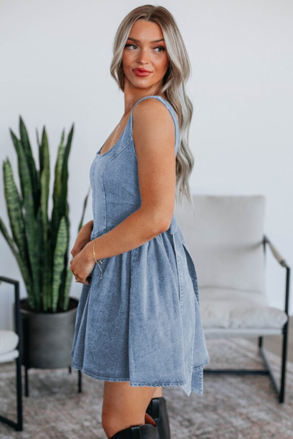 Myosotis Square Neck Bowknot A-line Sleeveless Denim Dress - Image 3