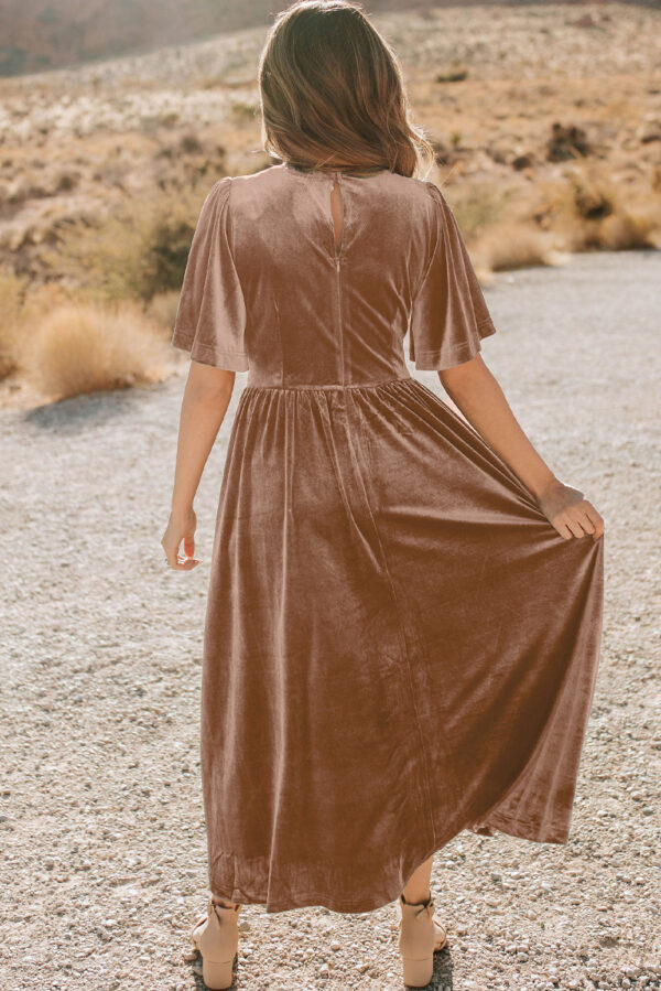 Chestnut Velvet Lacy V Neckline Short Sleeve Empire Waist Flowy Maxi Dress - Image 2