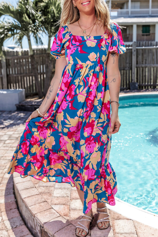 Dark Blue Square Neck Bubble Sleeve Ruffled Floral Dress - Image 3